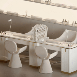 Double White Gold Manicure Tables for Modern Multi-Seat Salons
