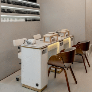 Double White Gold Manicure Tables With UV Machine Installation Error For Modern Multi-Seat Salons