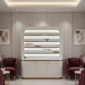 Luxury Curve White Gold LED Wall Nail Polish Rack with Storage Cabinet for Modern Nail Salons